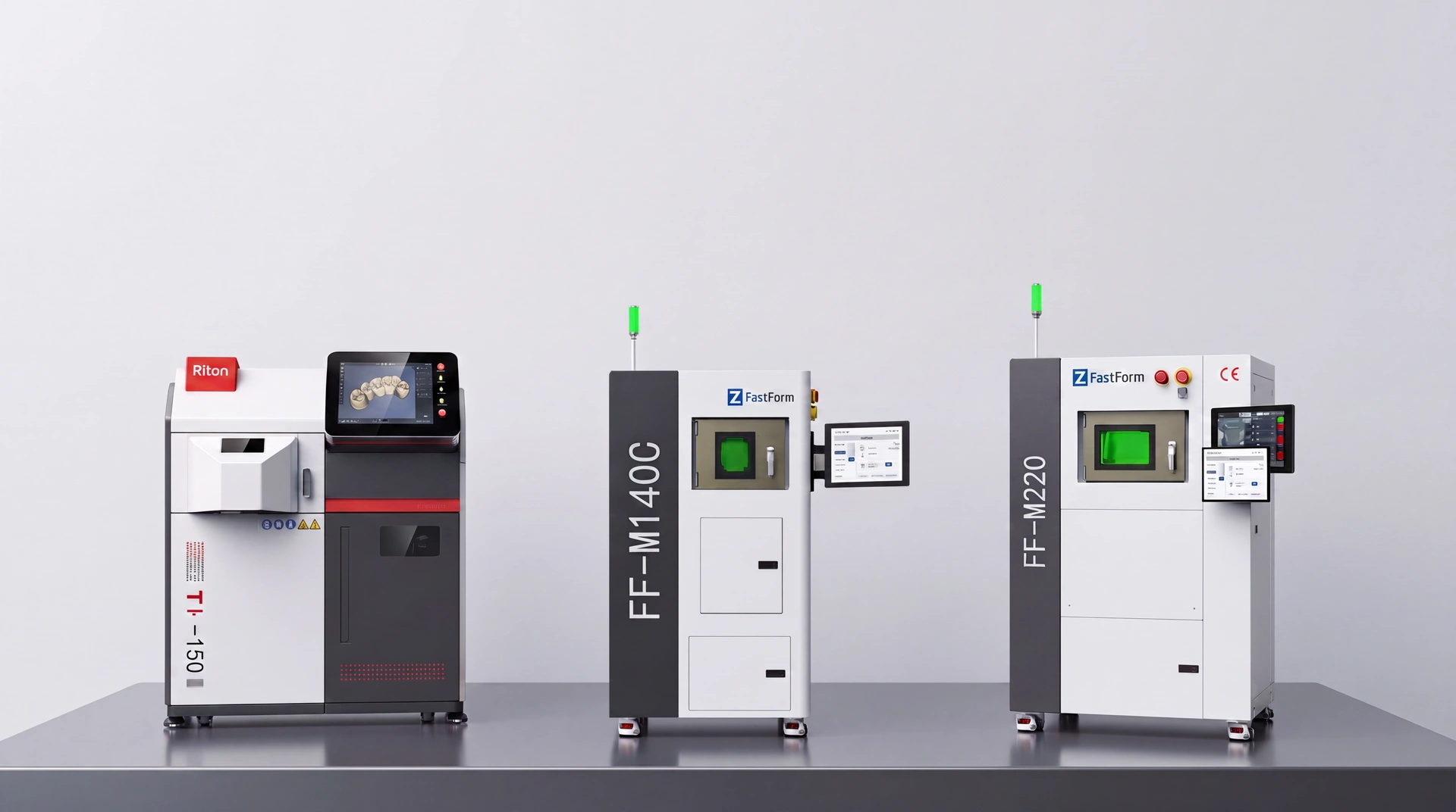 Impresoras 3D de metal por fusión selectiva por láser: una Riton 3D junto a
              las Fast Form FF-M140C y FF-M220.