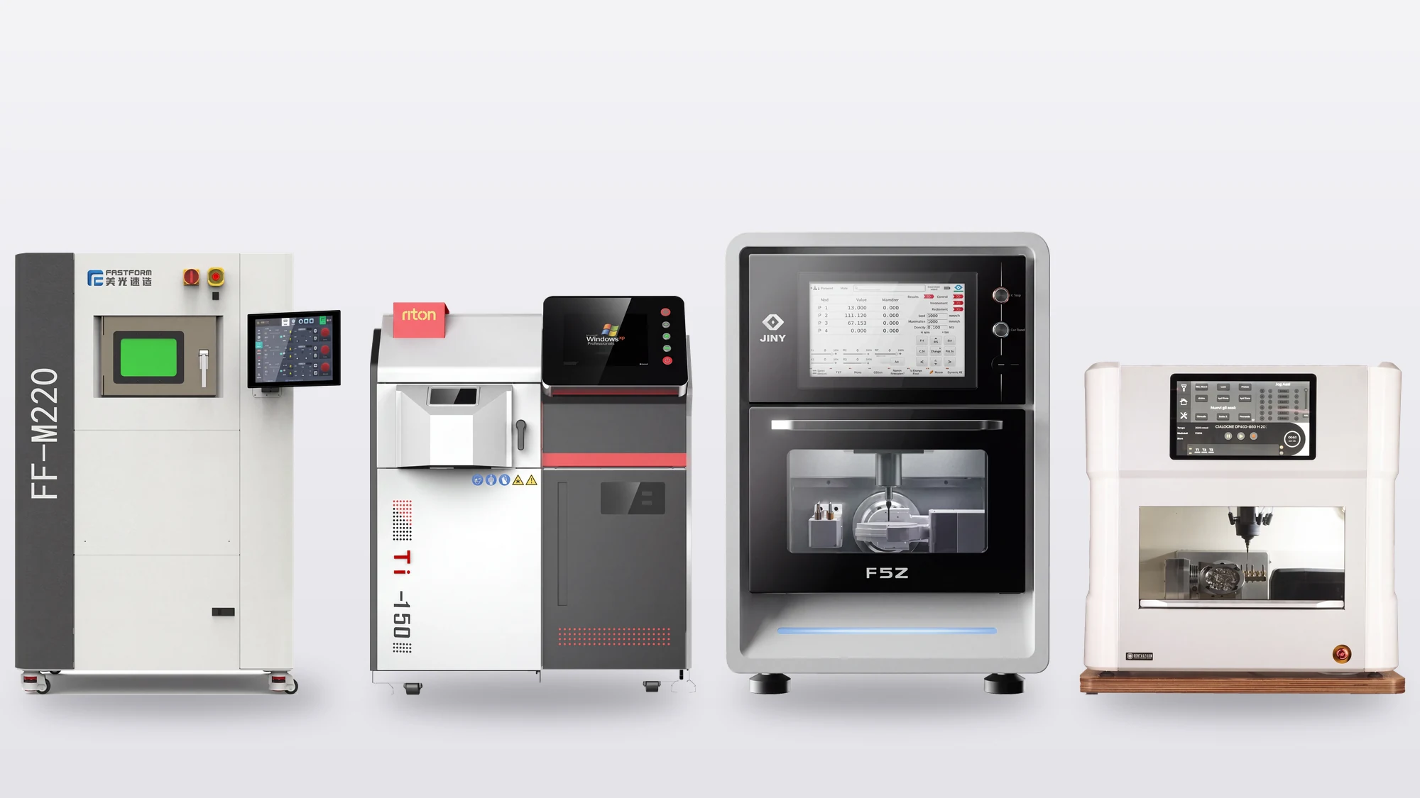 Máquinas de las cuatro marcas que integra Z-Printer: Fast Form, Riton 3D, Jiny CAD/CAM y Dental Four.